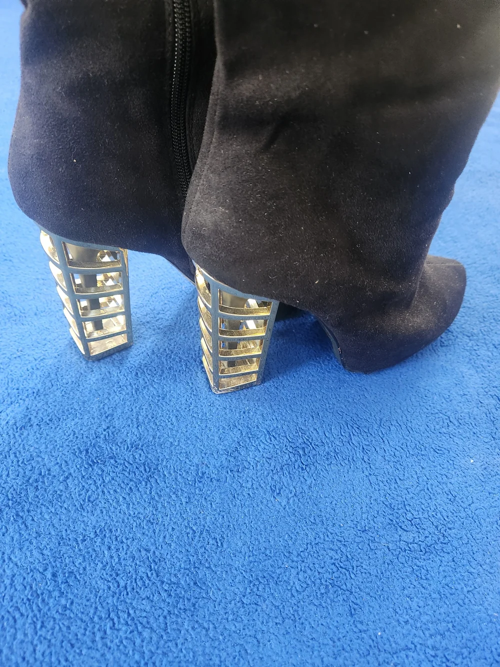JustFab Black Over-the-Knee Suede Boots with Gold Cage Block Heel Size 9